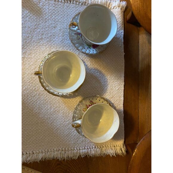 3 Manna Rose/Gold Lusterware Pedestal Cups with Reticulated Saucers - Picture 9 of 10